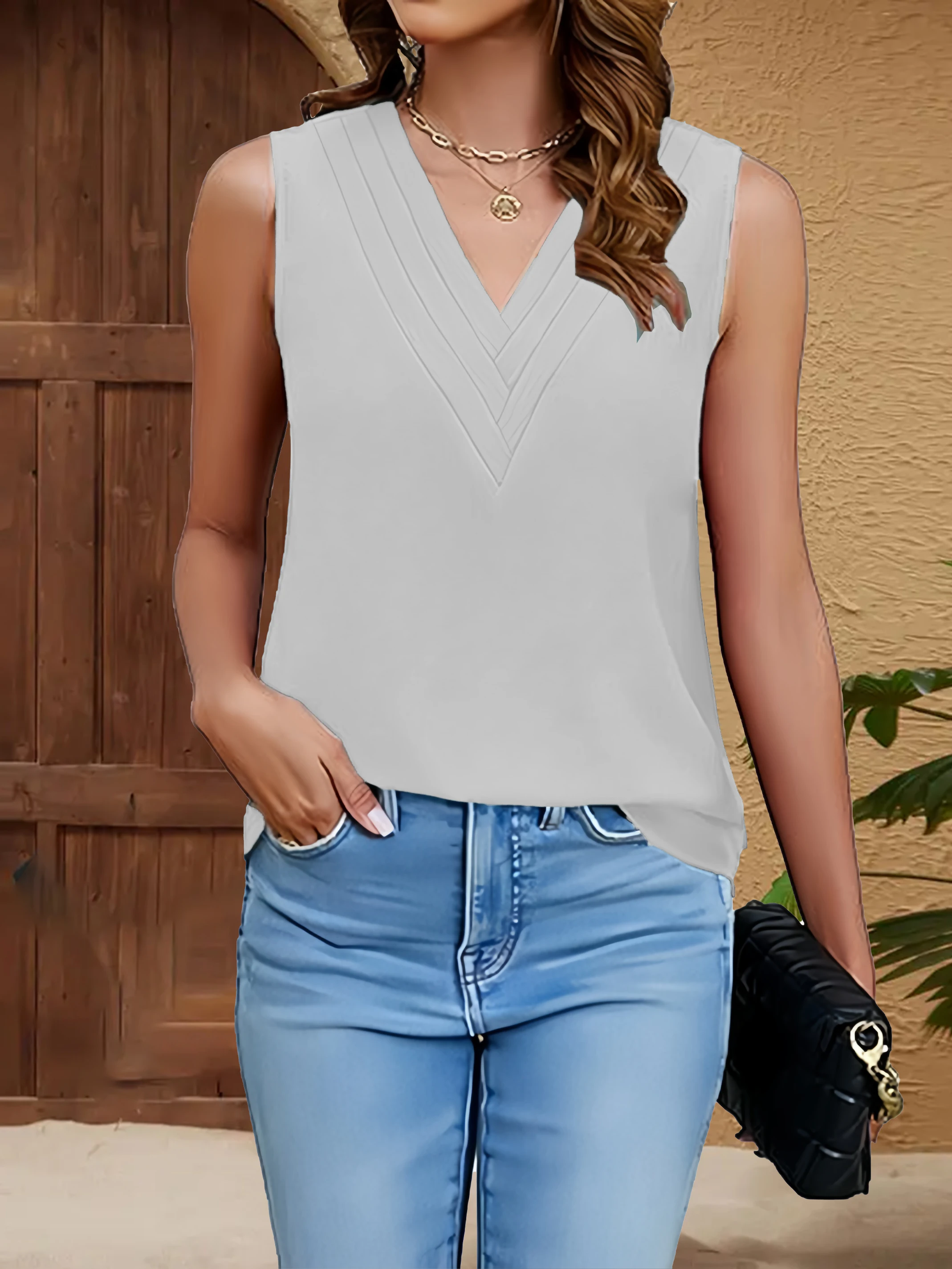 European and American spring and summer fashion elegant solid color V-neck pleated comfortable casual large size sleeveless vest thumbnail 5