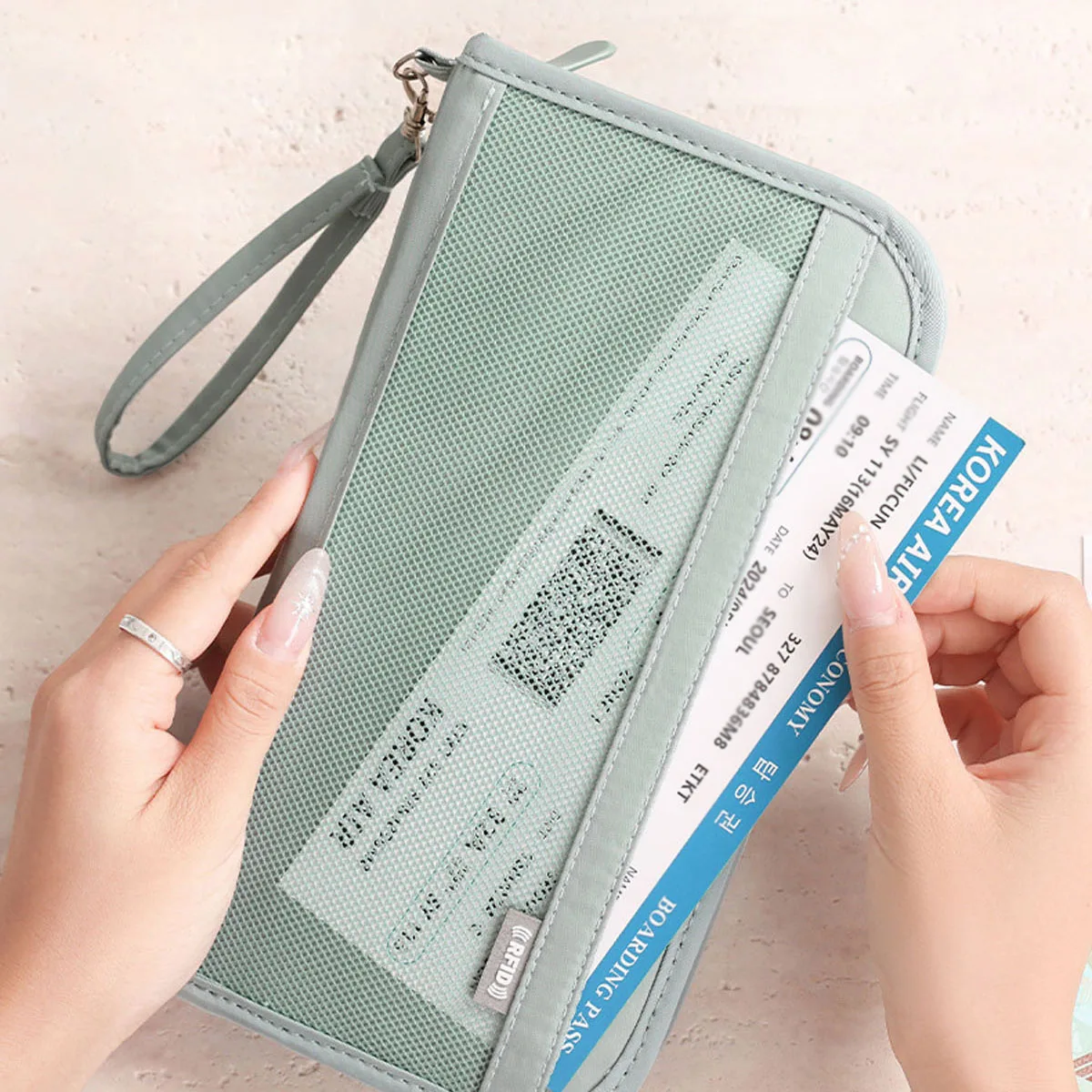 Travel RFID ID Bag Boarding Passport Air Ticket Storage Bag Lightweight Large Capacity Multi-function Wallet with Handheld Strap thumbnail 5