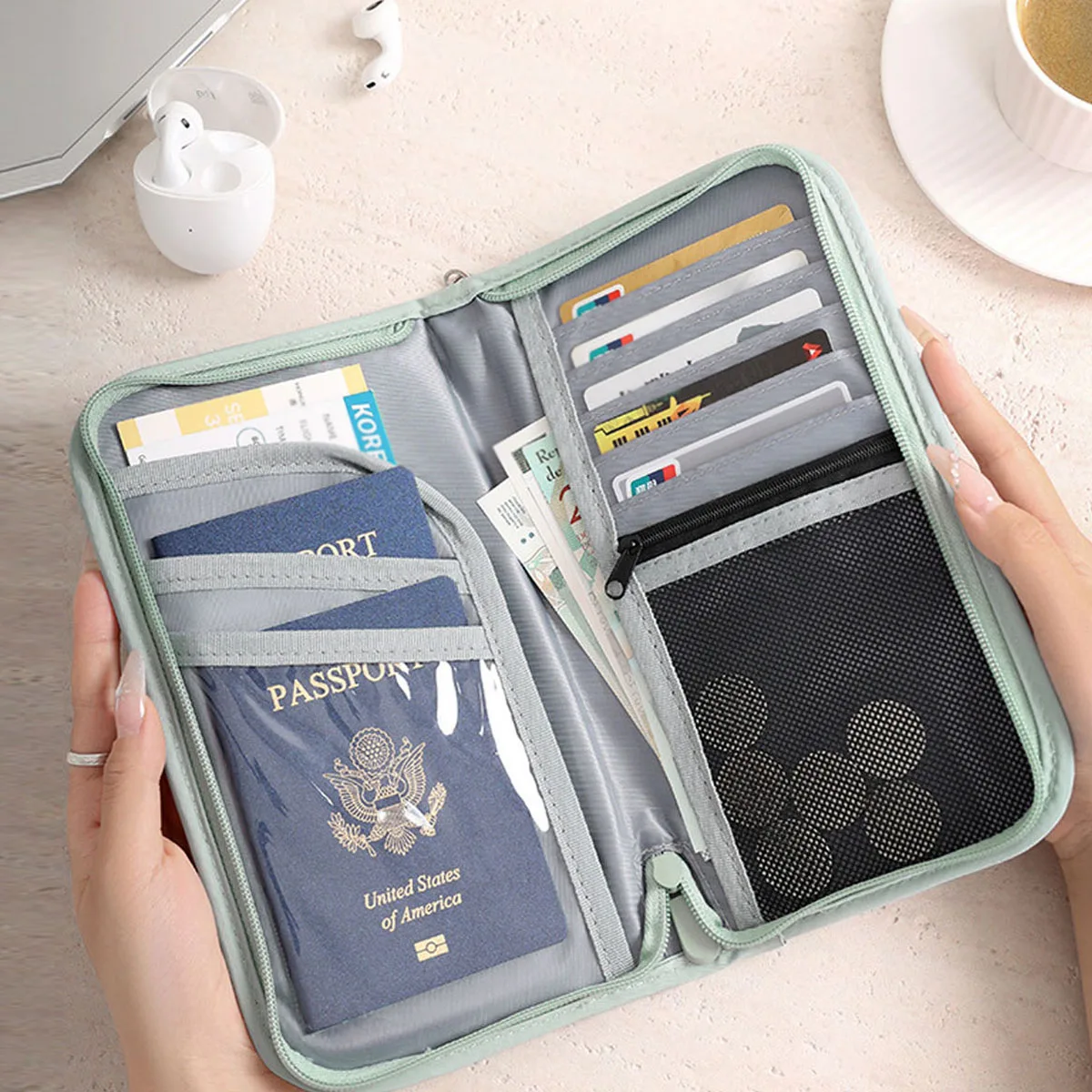 Travel RFID ID Bag Boarding Passport Air Ticket Storage Bag Lightweight Large Capacity Multi-function Wallet with Handheld Strap thumbnail 6