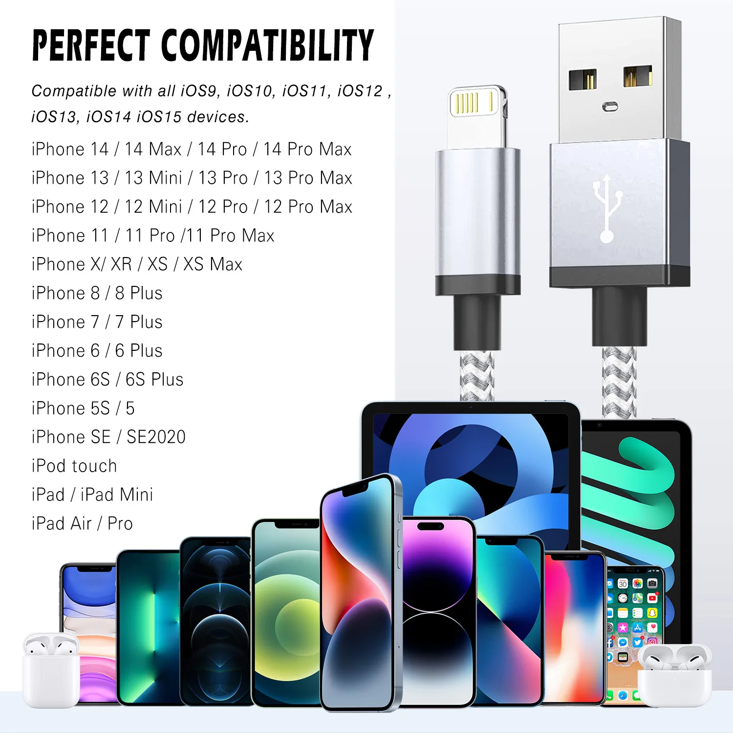 Fast Charging USB Charger Cable For iPhone 14 13 12 11 Xs Max Xr X 8 7 6 Plus  iPad Origin Mobile Phone Long Data Cord 1m 2m 3m thumbnail 6