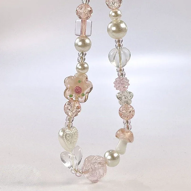 Cute Glass Bowknot Flower Bead Phone Strap Charm Chain Knot Cellphone Lanyard Keychain Girl Bag Camera Pendant for Airpods Case thumbnail 6