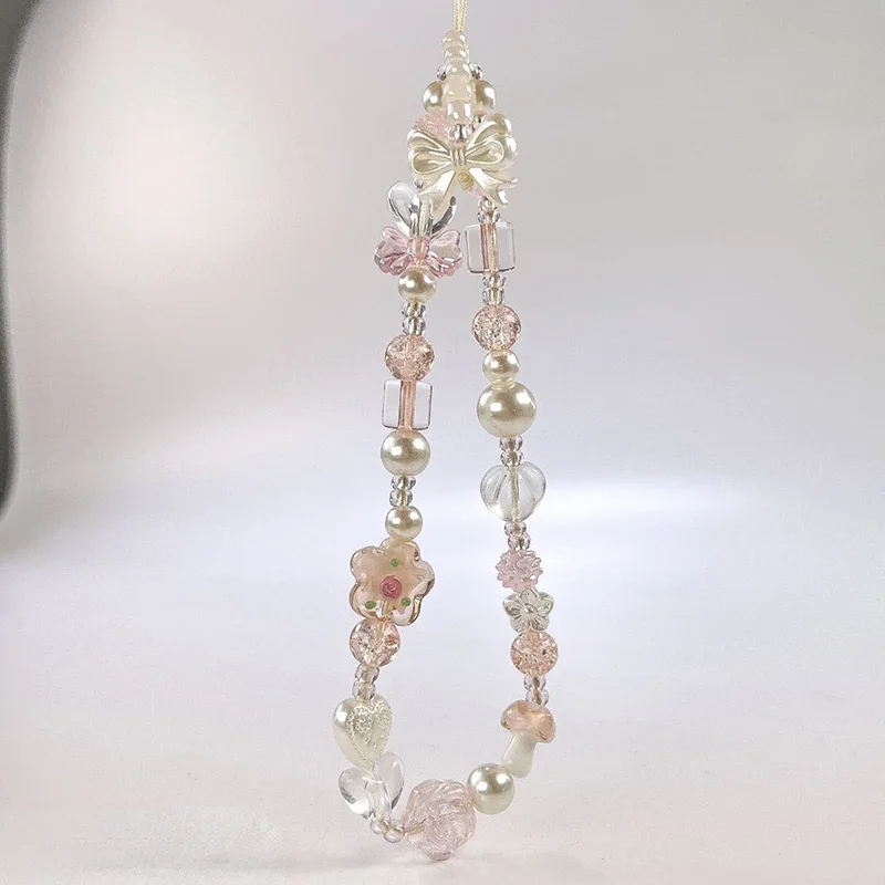 Cute Glass Bowknot Flower Bead Phone Strap Charm Chain Knot Cellphone Lanyard Keychain Girl Bag Camera Pendant for Airpods Case thumbnail 2