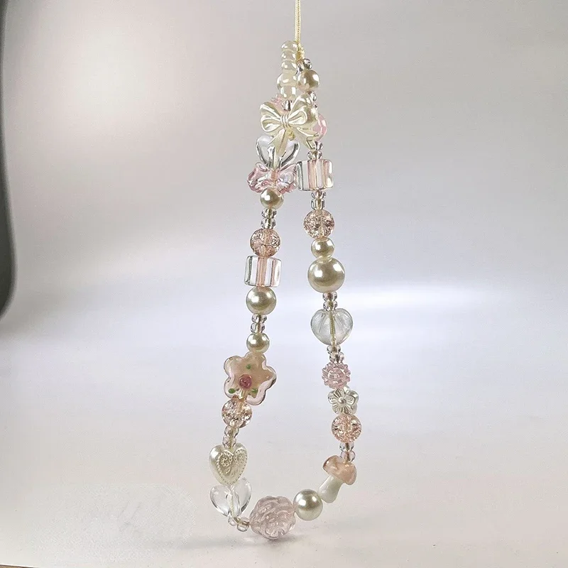 Cute Glass Bowknot Flower Bead Phone Strap Charm Chain Knot Cellphone Lanyard Keychain Girl Bag Camera Pendant for Airpods Case thumbnail 4