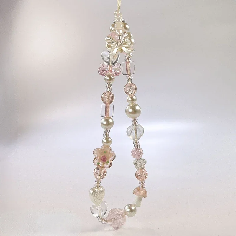 Cute Glass Bowknot Flower Bead Phone Strap Charm Chain Knot Cellphone Lanyard Keychain Girl Bag Camera Pendant for Airpods Case thumbnail 3