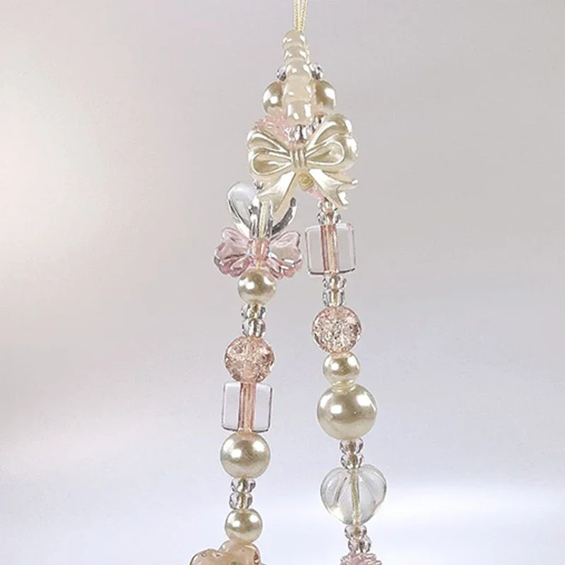 Cute Glass Bowknot Flower Bead Phone Strap Charm Chain Knot Cellphone Lanyard Keychain Girl Bag Camera Pendant for Airpods Case thumbnail 5