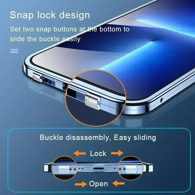 Metal Magnetic Double-Sided Buckle Glass Case For iPhone 16 15 14 13 12 Pro Max Plus 360° Full Cover Protection Shockproof Cover thumbnail 2