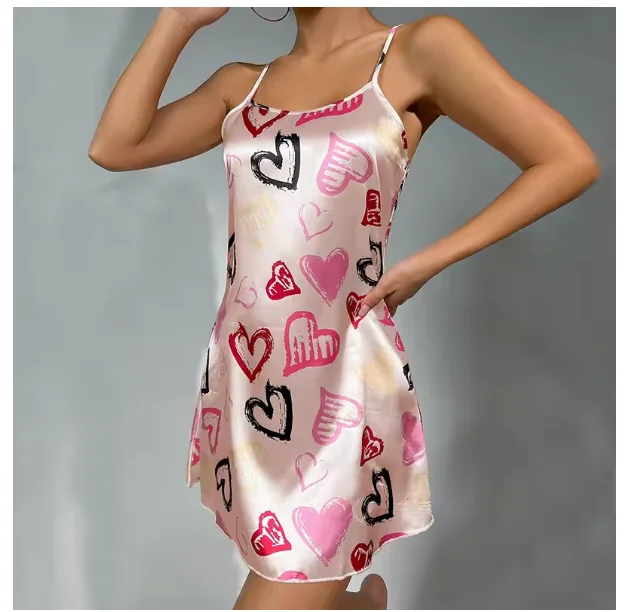 Ladies Sexy Sling Nightgown Nightdress Women's Sexy Lingerie Silk Satin Sleepwear Floral Pinting Nightwear Homewear Mini Dress thumbnail 2