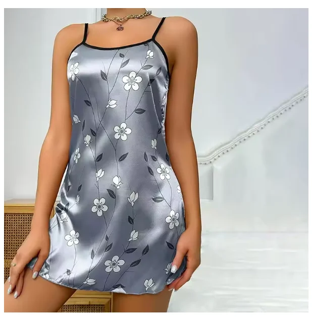 Ladies Sexy Sling Nightgown Nightdress Women's Sexy Lingerie Silk Satin Sleepwear Floral Pinting Nightwear Homewear Mini Dress thumbnail 3