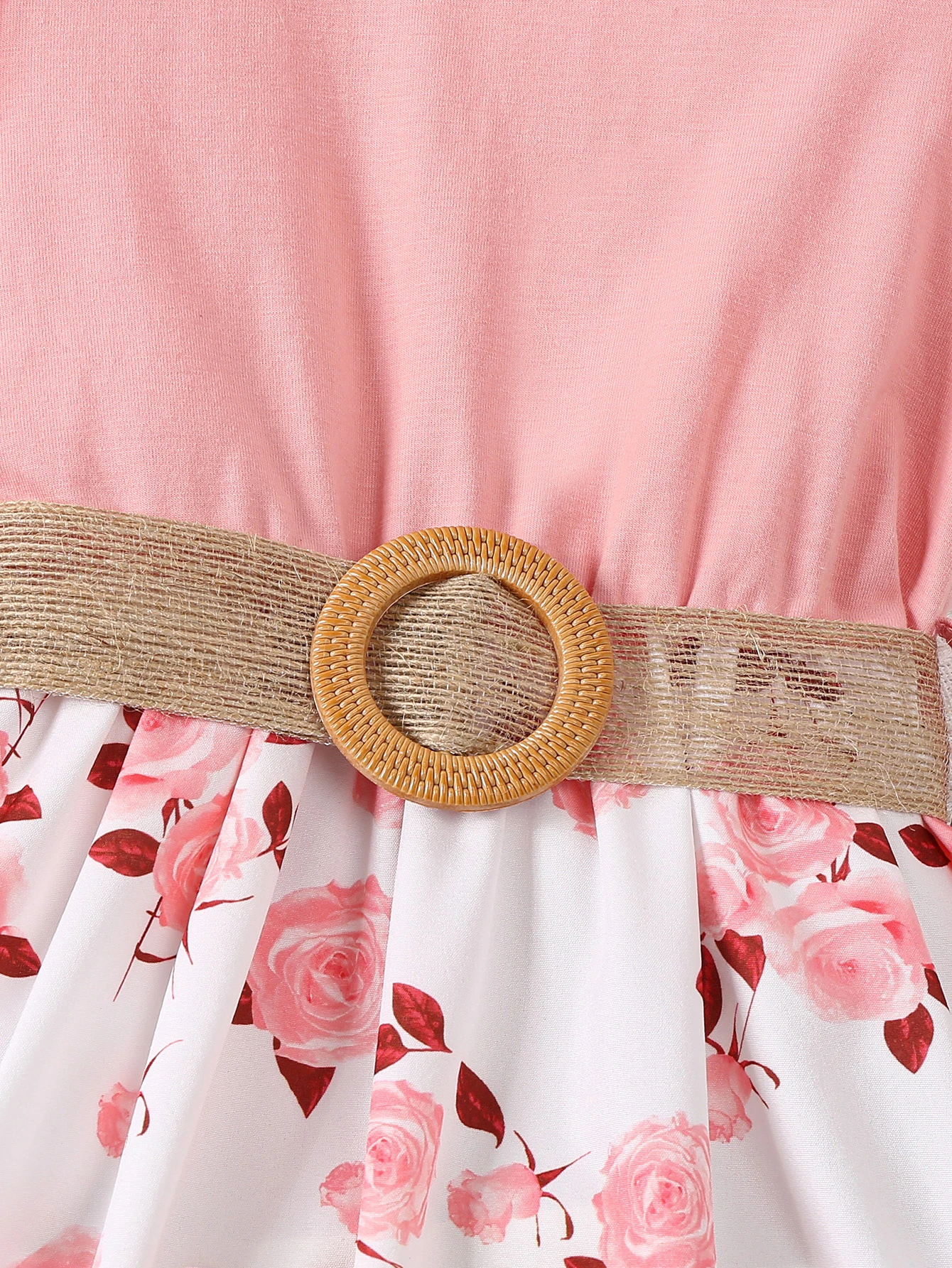 Girl's casual romantic floral print with ruffled edges and small flying sleeves, waist cinching dress (including belt), summer thumbnail 5
