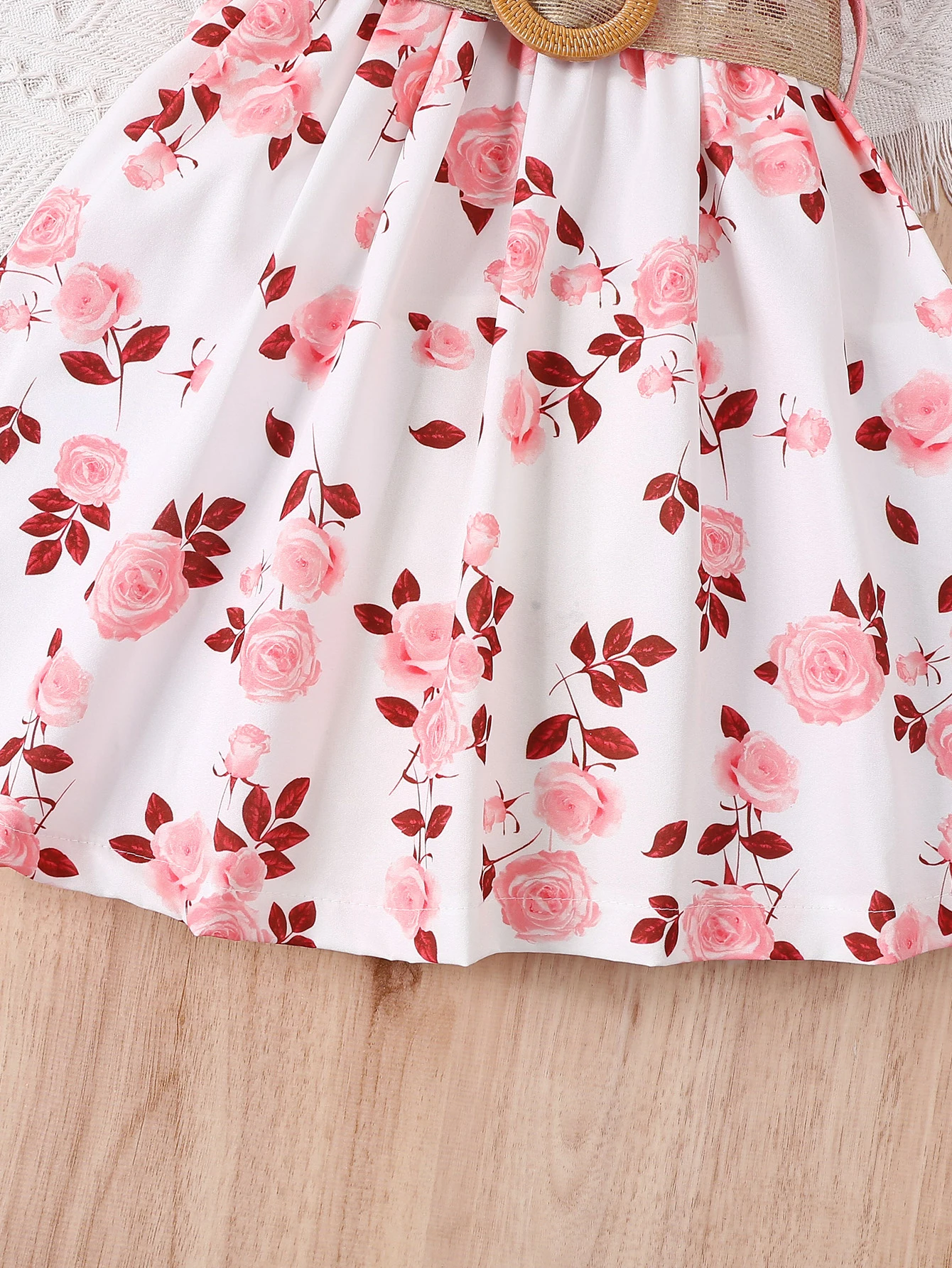 Girl's casual romantic floral print with ruffled edges and small flying sleeves, waist cinching dress (including belt), summer thumbnail 6