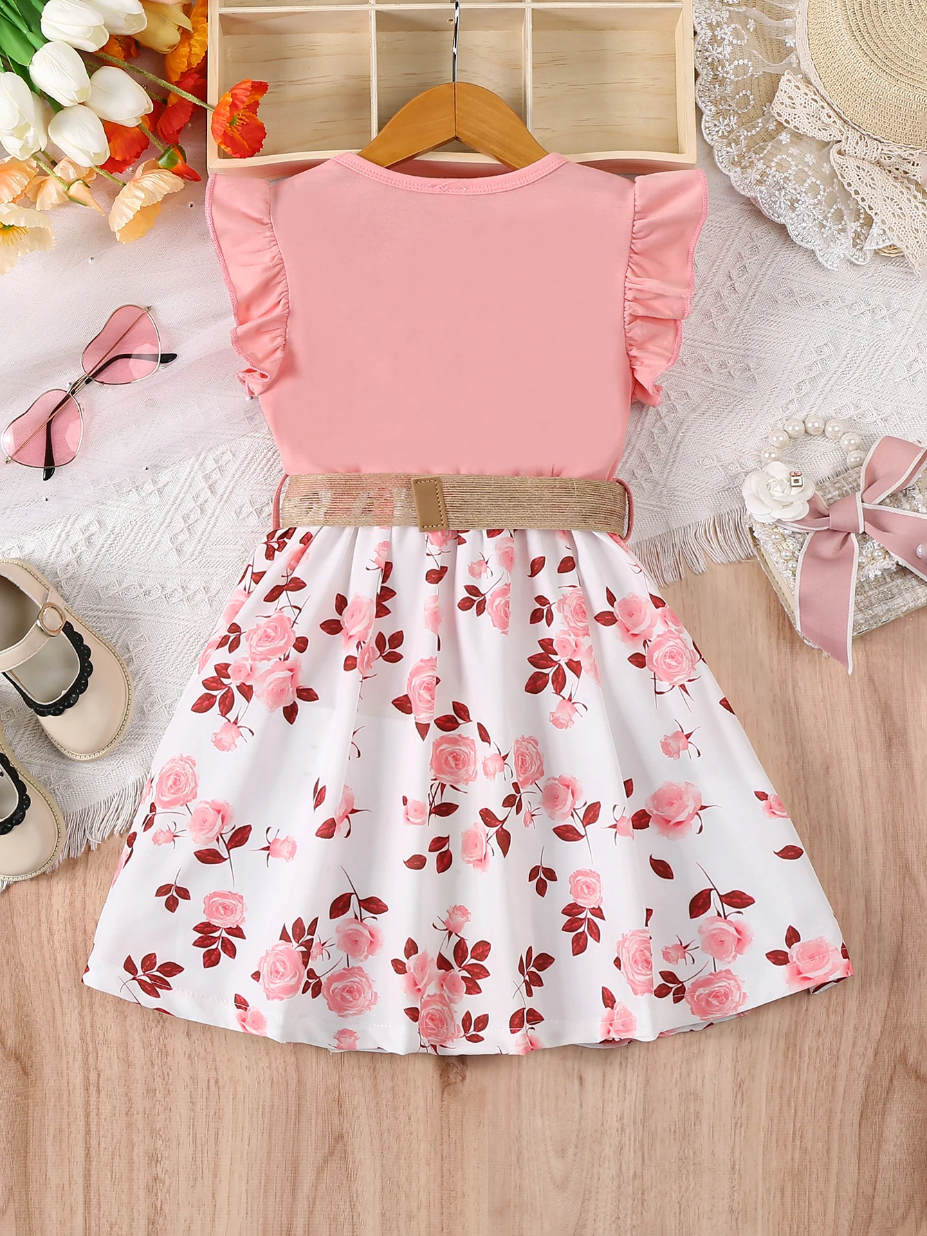 Girl's casual romantic floral print with ruffled edges and small flying sleeves, waist cinching dress (including belt), summer thumbnail 2