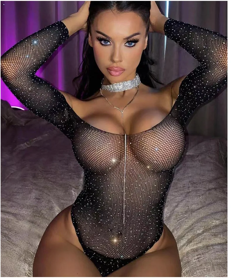 Hollow lingerie sexy Babydoll Underwear twinkling diamante glisten Crystal Intimo Tight jumpsuit Seductive Sleepwear Elastic thumbnail 2