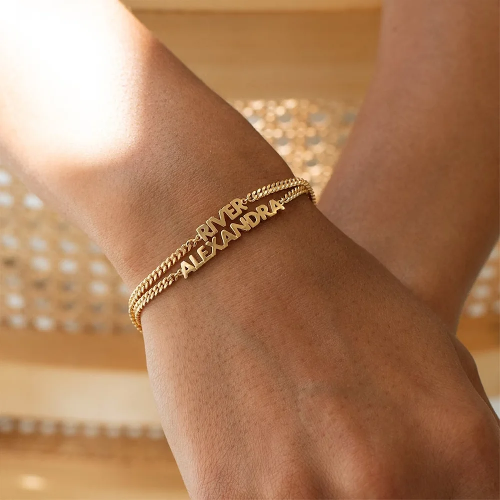 Customized Name Bracelets for Women Stainless Steel Gold Chain Personalized Font Pendant Adjustable Bracelets Charm Jewelry Gift