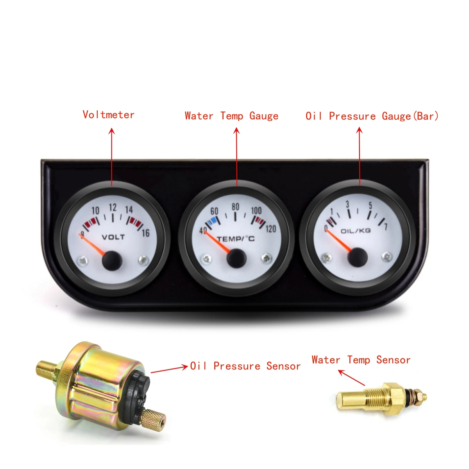 52mm 3 In 1 Oil Pressure Gauge + Voltmeter + Water Temp Gauge Kit with Sensor Oil Temp Gauge Voltmeter Oil Press Triple Meter thumbnail 2