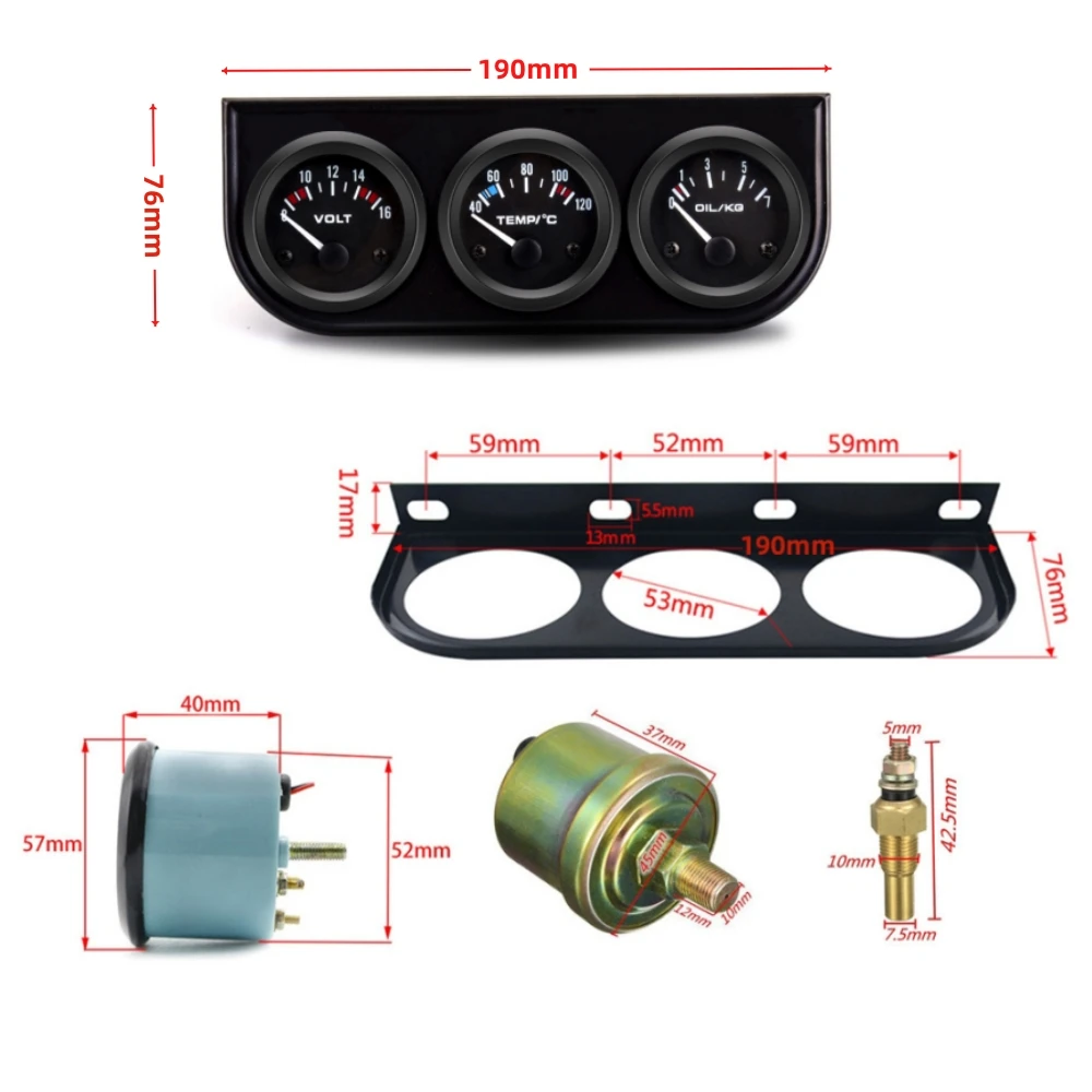 52mm 3 In 1 Oil Pressure Gauge + Voltmeter + Water Temp Gauge Kit with Sensor Oil Temp Gauge Voltmeter Oil Press Triple Meter thumbnail 5