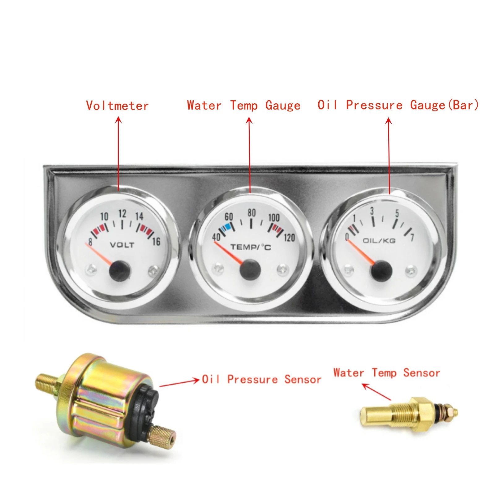 52mm 3 In 1 Oil Pressure Gauge + Voltmeter + Water Temp Gauge Kit with Sensor Oil Temp Gauge Voltmeter Oil Press Triple Meter thumbnail 3