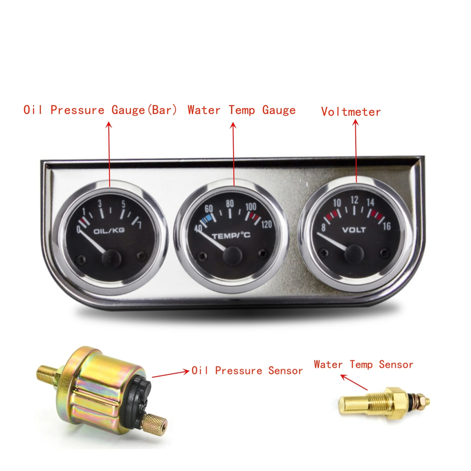 52mm 3 In 1 Oil Pressure Gauge + Voltmeter + Water Temp Gauge Kit with Sensor Oil Temp Gauge Voltmeter Oil Press Triple Meter thumbnail 4