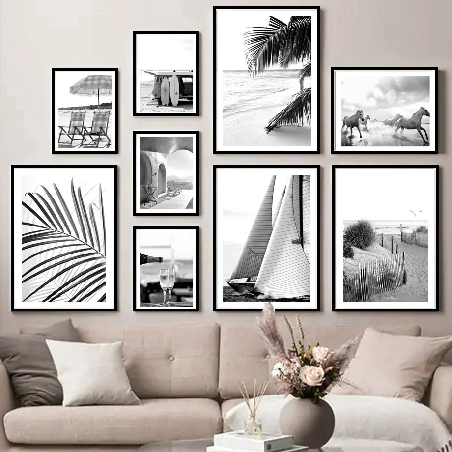 A4 13x18cm 6x8 Black Photo Frame With Nordic Poster Canvas Painting Beach Sea Palm Leaf Boat Horse Picture Frame Poster Frame thumbnail 3