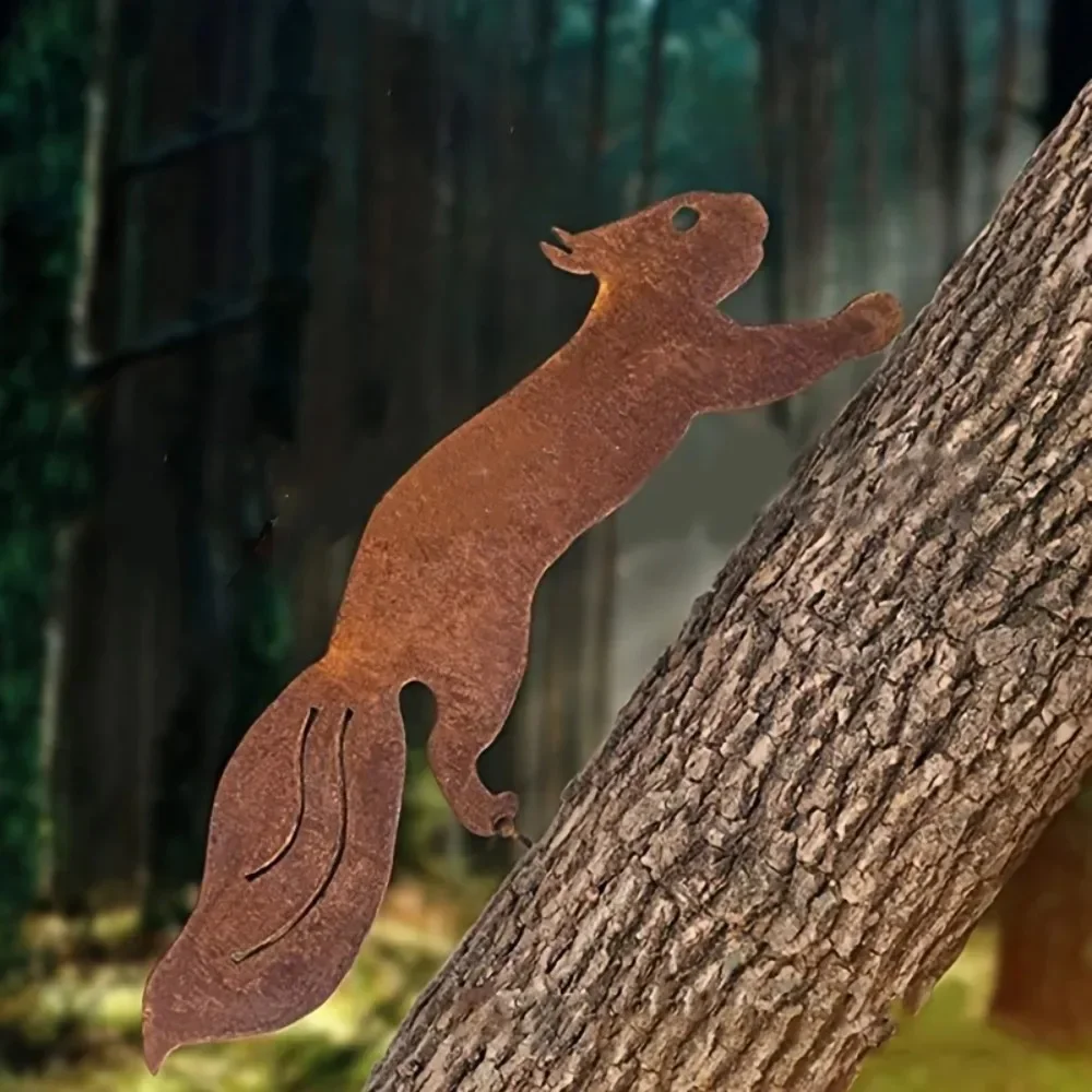 1pc Rustic Squirrel Metal Tree Stake, Creative Iron Art Silhouette Decoration for Garden or Home
