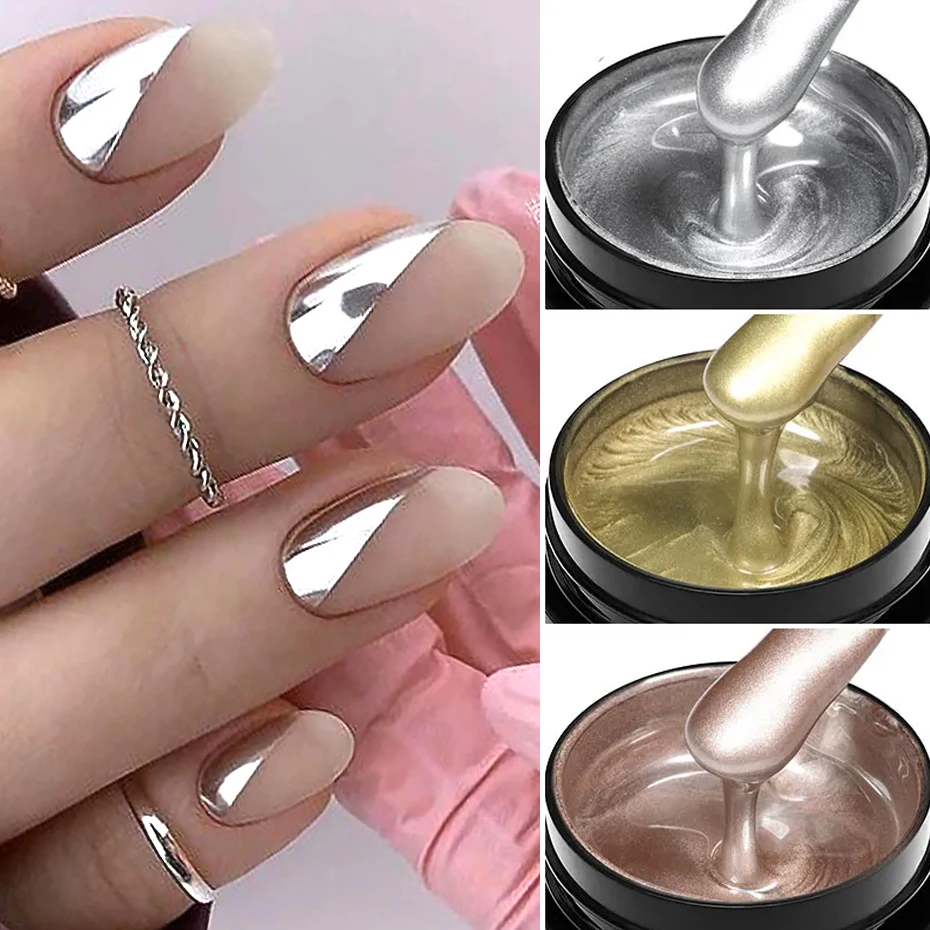 Metallic Painting Gel Chrome Gold Silver Rose Gold Mirror Effect Nail Polish Super Bright Drawing Line French Nail Art Varnish thumbnail 3