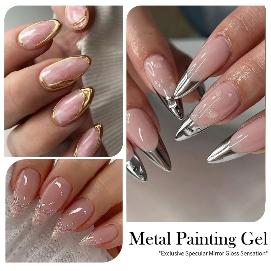 Metallic Painting Gel Chrome Gold Silver Rose Gold Mirror Effect Nail Polish Super Bright Drawing Line French Nail Art Varnish thumbnail 4