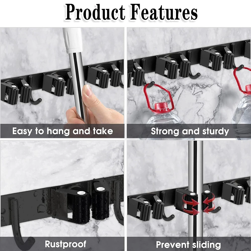Stainless Steel Mop and Broom Holder Wall Mounted Multi-Functional Bathroom Kitchen Storage Rack Garage Garden Tools Organizer thumbnail 5