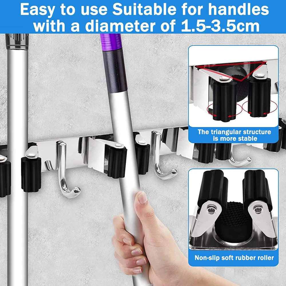 Stainless Steel Mop and Broom Holder Wall Mounted Multi-Functional Bathroom Kitchen Storage Rack Garage Garden Tools Organizer thumbnail 3