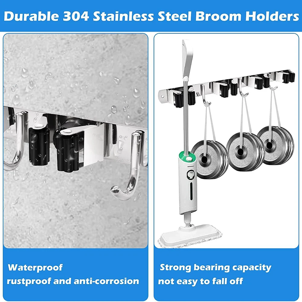 Stainless Steel Mop and Broom Holder Wall Mounted Multi-Functional Bathroom Kitchen Storage Rack Garage Garden Tools Organizer thumbnail 4