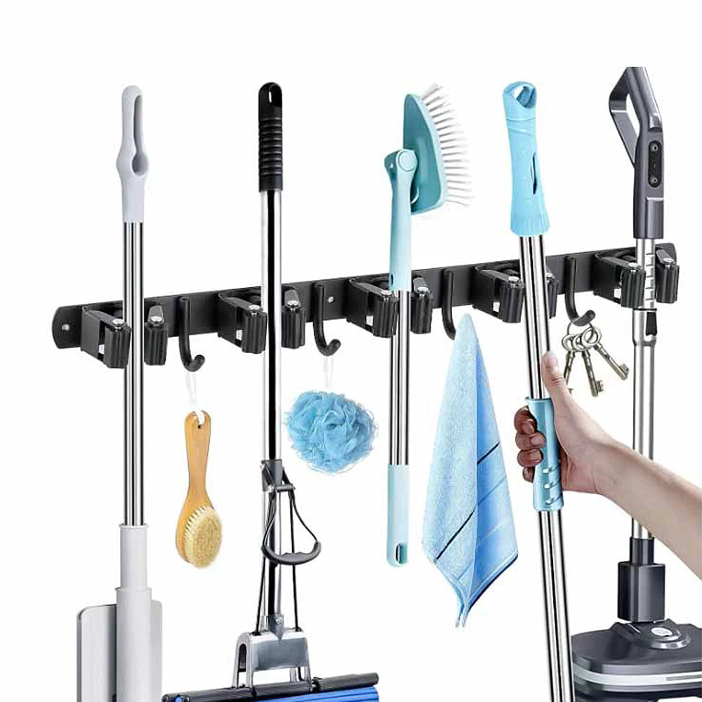 Stainless Steel Mop and Broom Holder Wall Mounted Multi-Functional Bathroom Kitchen Storage Rack Garage Garden Tools Organizer thumbnail 2