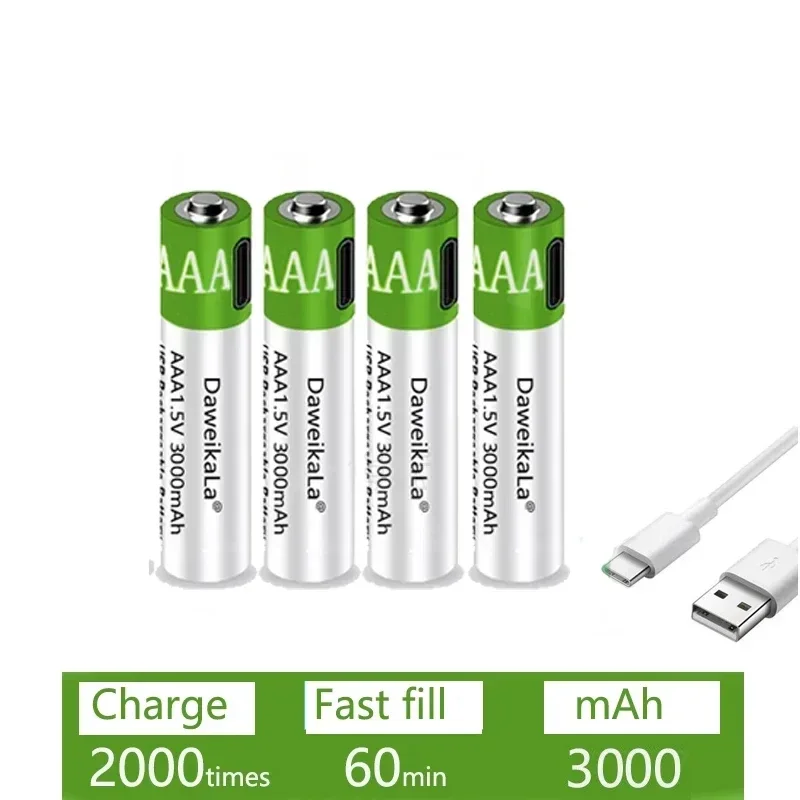 USB AAA Rechargeable Batteries 1.5V 3000mAh li-ion battery for remote control mouseElectric toy battery + Type-C Cable thumbnail 4