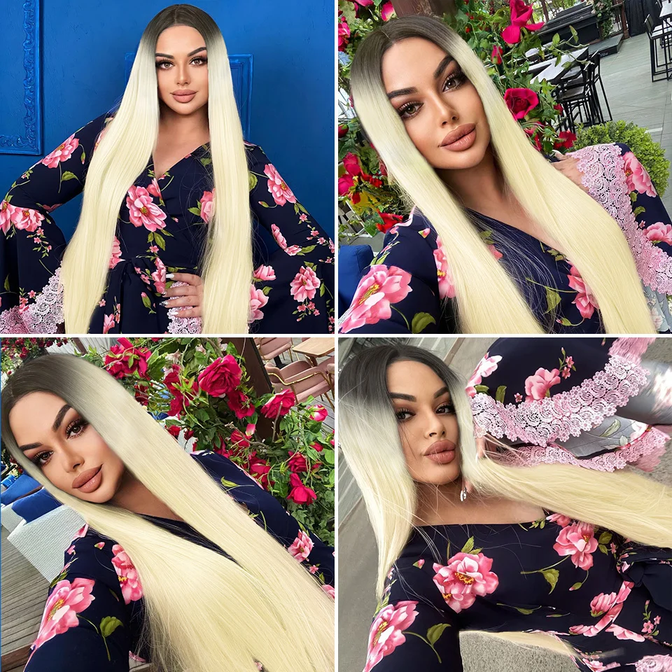 Bone Straight Hair Extensions Ombre Blonde Fake Hair Bundles Super Long Hair Synthetic 22-40 Inch Straight Hair Full to End thumbnail 5