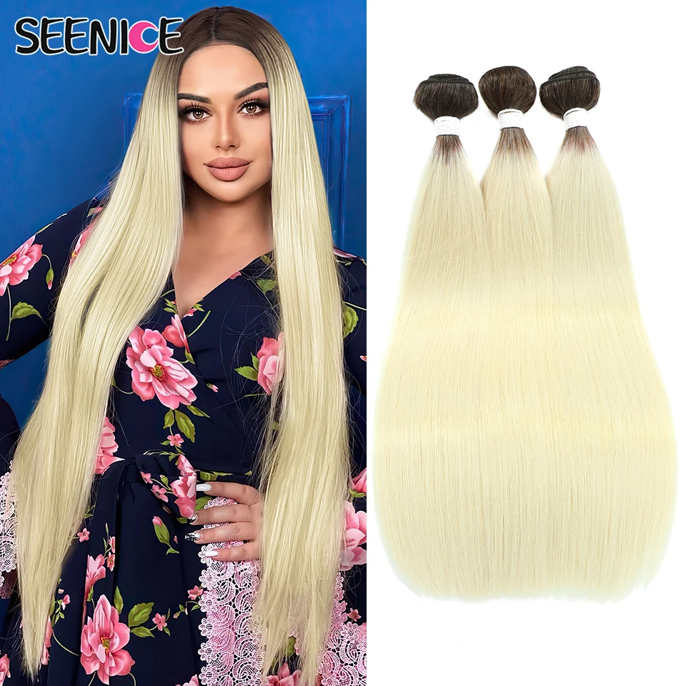 Bone Straight Hair Extensions Ombre Blonde Fake Hair Bundles Super Long Hair Synthetic 22-40 Inch Straight Hair Full to End thumbnail 2