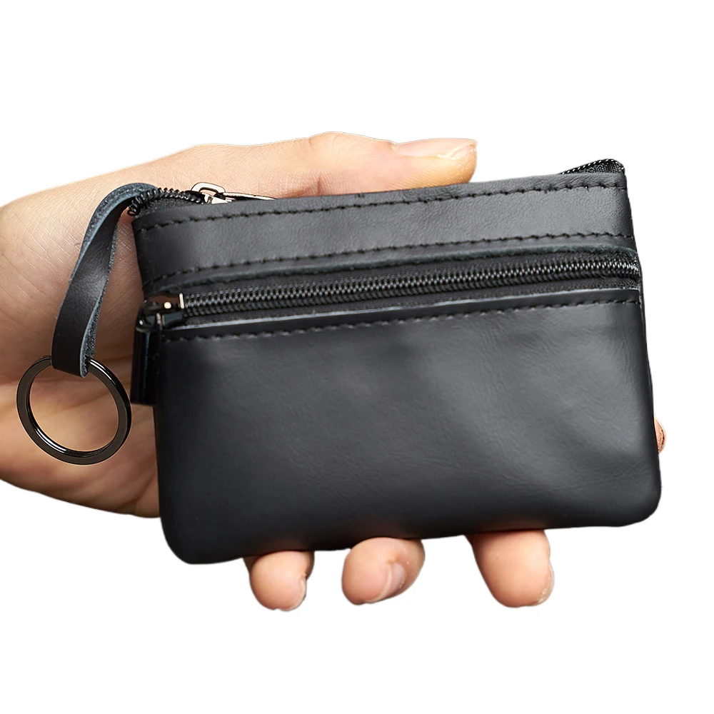 Leather Mini Coin Purse Unisex Simple Portable First Layer Cowhide Retro Handmade Zipper Small Wallet Key Case thumbnail 2