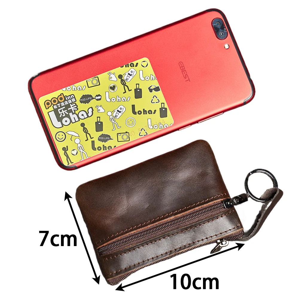 Leather Mini Coin Purse Unisex Simple Portable First Layer Cowhide Retro Handmade Zipper Small Wallet Key Case thumbnail 4