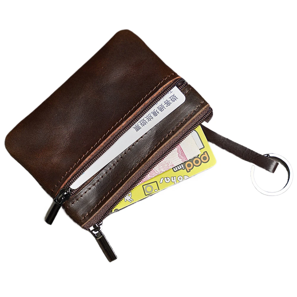 Leather Mini Coin Purse Unisex Simple Portable First Layer Cowhide Retro Handmade Zipper Small Wallet Key Case thumbnail 5