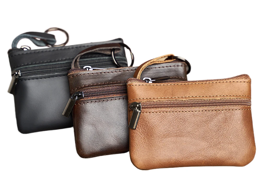 Leather Mini Coin Purse Unisex Simple Portable First Layer Cowhide Retro Handmade Zipper Small Wallet Key Case thumbnail 6