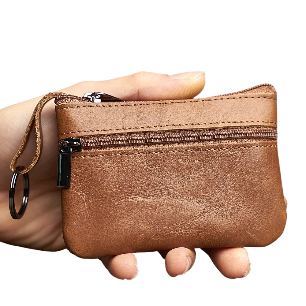 Leather Mini Coin Purse Unisex Simple Portable First Layer Cowhide Retro Handmade Zipper Small Wallet Key Case thumbnail 3