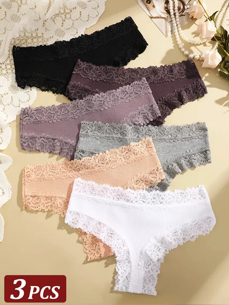 3Pcs/set Women Cotton Lace Panties Floral Intimate Underwear Trendy Patchwork Lace Briefs Female Soft Underpants Lingerie S-XL