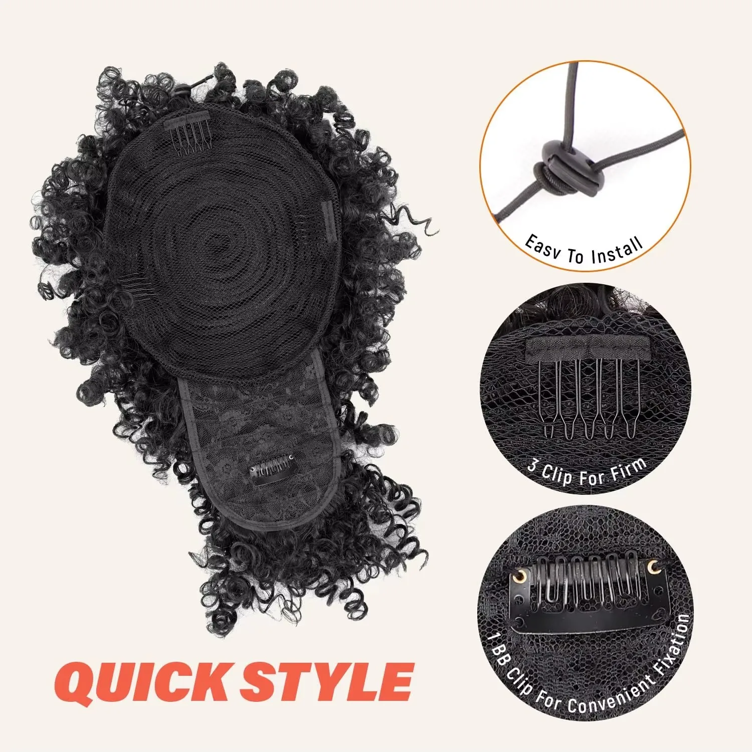 Synthetic Afro Puff Drawstring Ponytail with Bangs Short Afro Kinky Curly Ponytail Extension Updo Hairpiece Ponytail Bun thumbnail 4