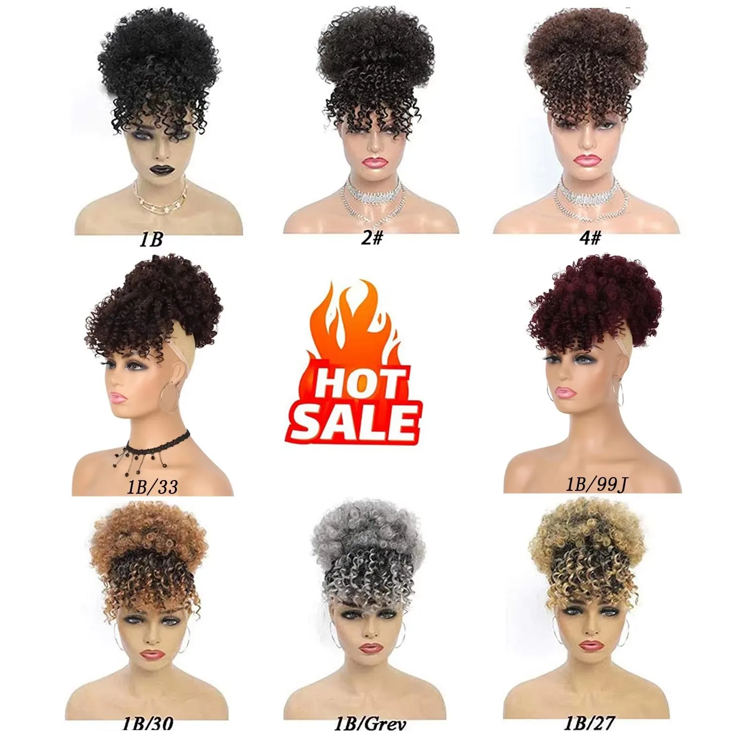 Synthetic Afro Puff Drawstring Ponytail with Bangs Short Afro Kinky Curly Ponytail Extension Updo Hairpiece Ponytail Bun thumbnail 6