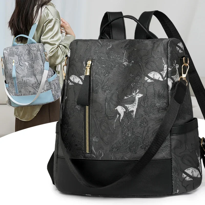 Fashion Color Blocking PU Leather Backpack Multi-function Anti Theft Design Women's backpacks Large Capacity Leisure Travel Bags thumbnail 4