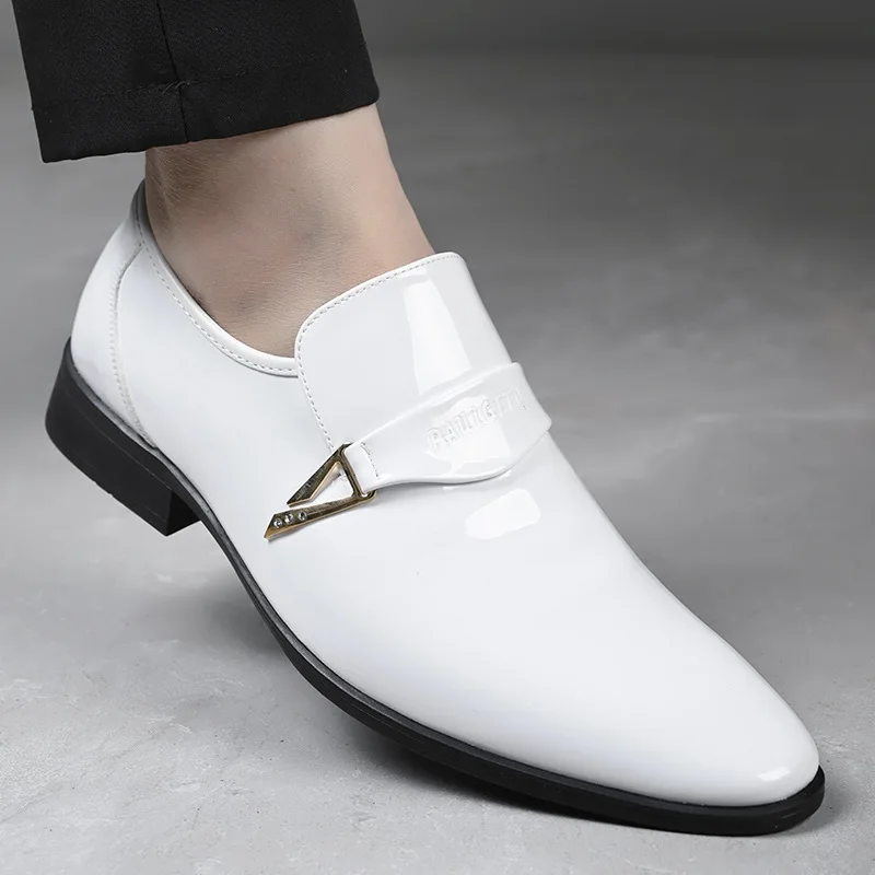 White Leather Shoes for Men 2025 New Patent Leather Business Men Casual Shoes Slip on Party Dress Footwear Pointed Toe Loafers thumbnail 2