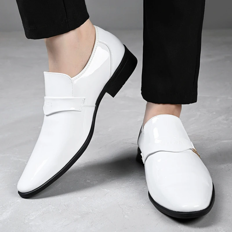White Leather Shoes for Men 2025 New Patent Leather Business Men Casual Shoes Slip on Party Dress Footwear Pointed Toe Loafers thumbnail 3