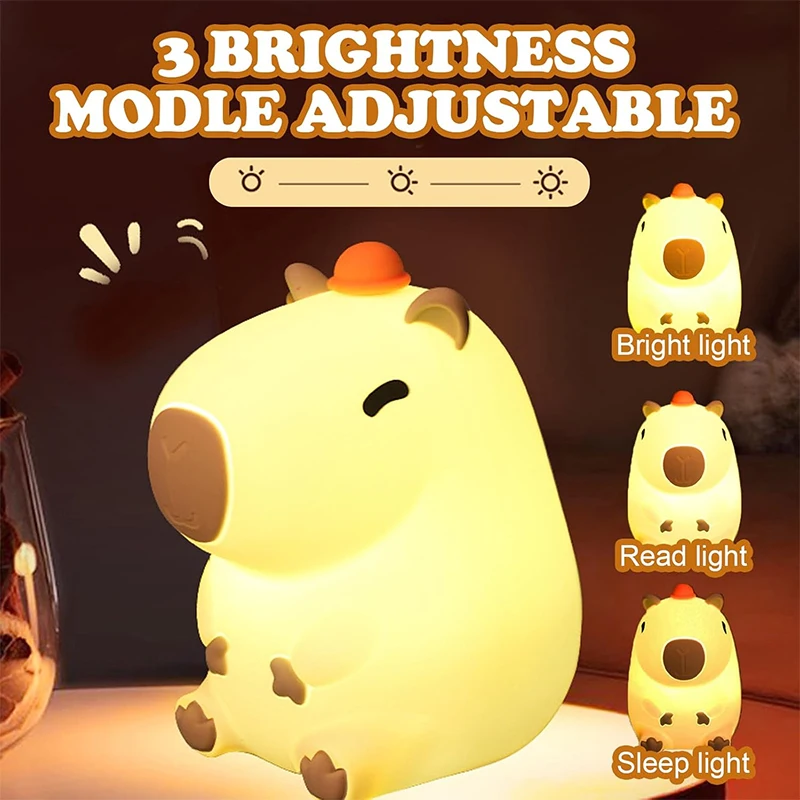 Cute Capybara Night Light Children's Silicone Nightlight Gift USB Rechargeable Animal Touch Bedside Sleep Lamp Decoration thumbnail 2