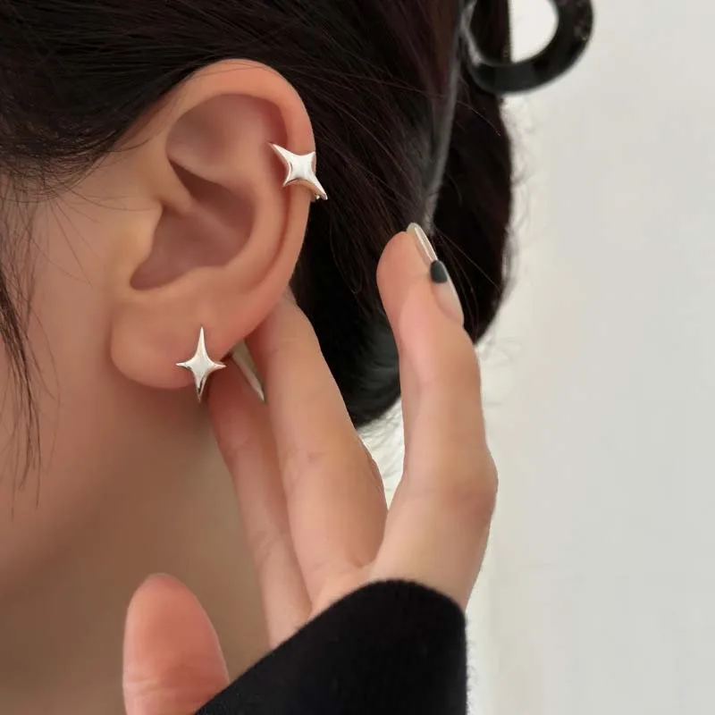 2026 New Fashion Silver Color Star Hoop Earrings For Women Couples Minimalist Metal Four Star Cross Personality Earrings Jewelry