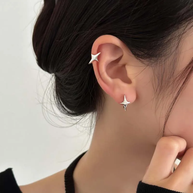 2026 New Fashion Silver Color Star Hoop Earrings For Women Couples Minimalist Metal Four Star Cross Personality Earrings Jewelry thumbnail 3