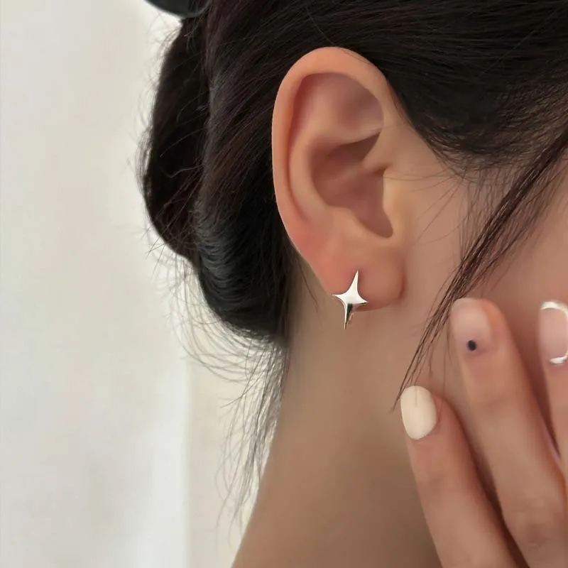 2026 New Fashion Silver Color Star Hoop Earrings For Women Couples Minimalist Metal Four Star Cross Personality Earrings Jewelry thumbnail 4