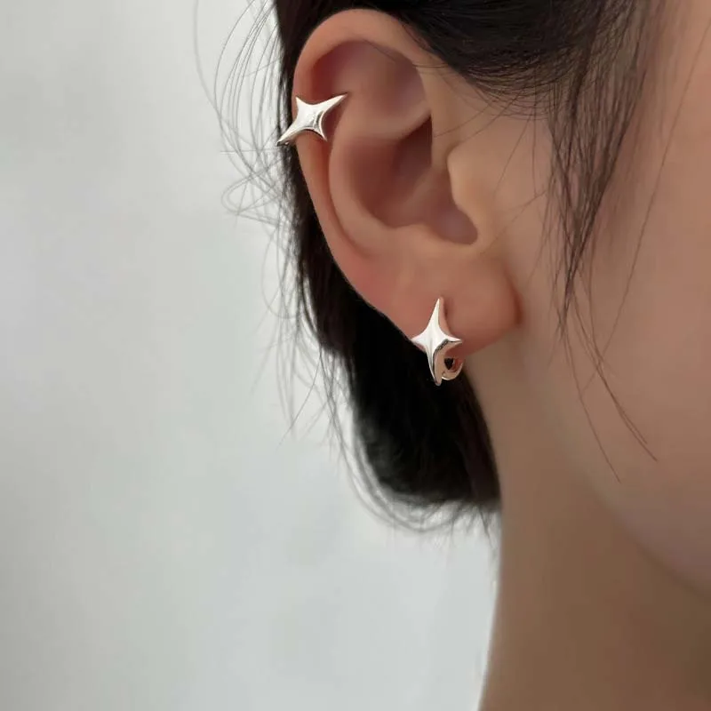 2026 New Fashion Silver Color Star Hoop Earrings For Women Couples Minimalist Metal Four Star Cross Personality Earrings Jewelry thumbnail 2