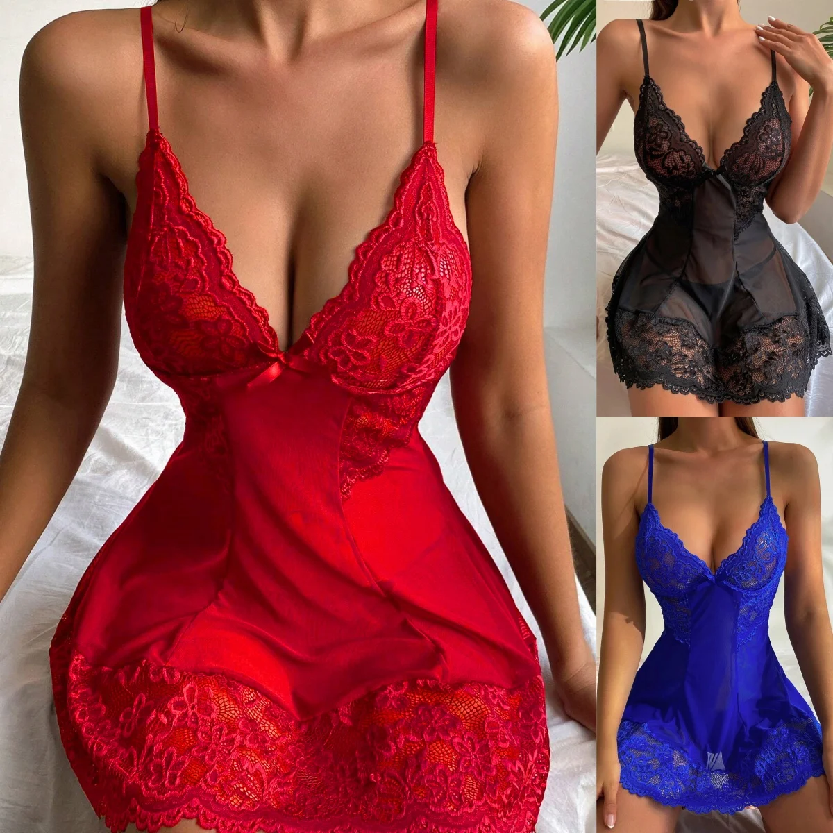 See Through Sexy Lingerie Women Underwear Deep V See Through Sleepwear Lace Nightdress Thong Pijamas Sets Romantic Night Dress thumbnail 6