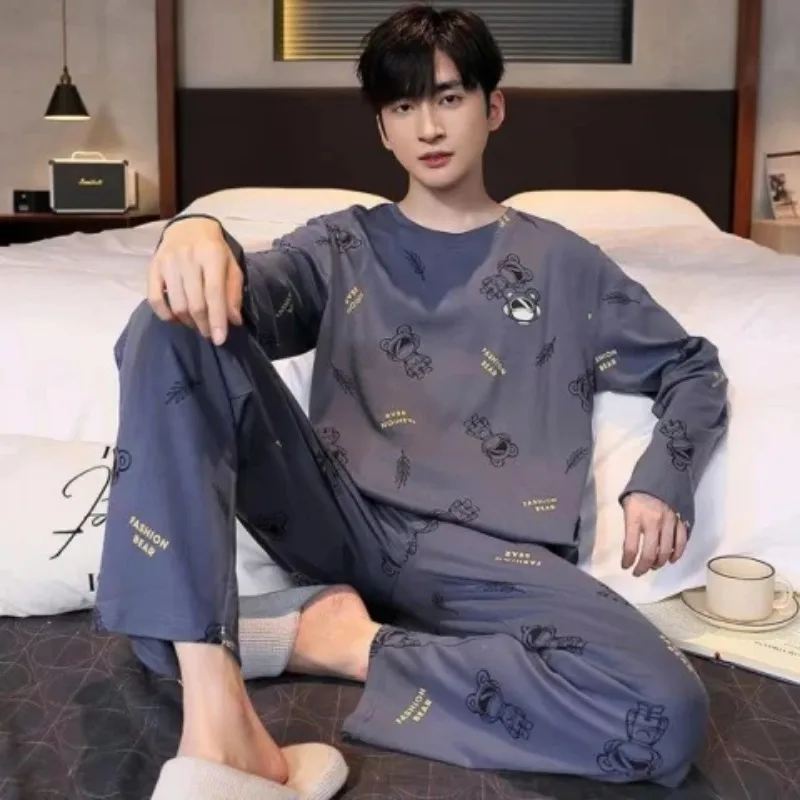 Plus Size Men Pajama Set Long Sleeve Long Pants Student Loose Casual Sleepwear Loungewear Two Piece Set Cartoon Nightwear thumbnail 3